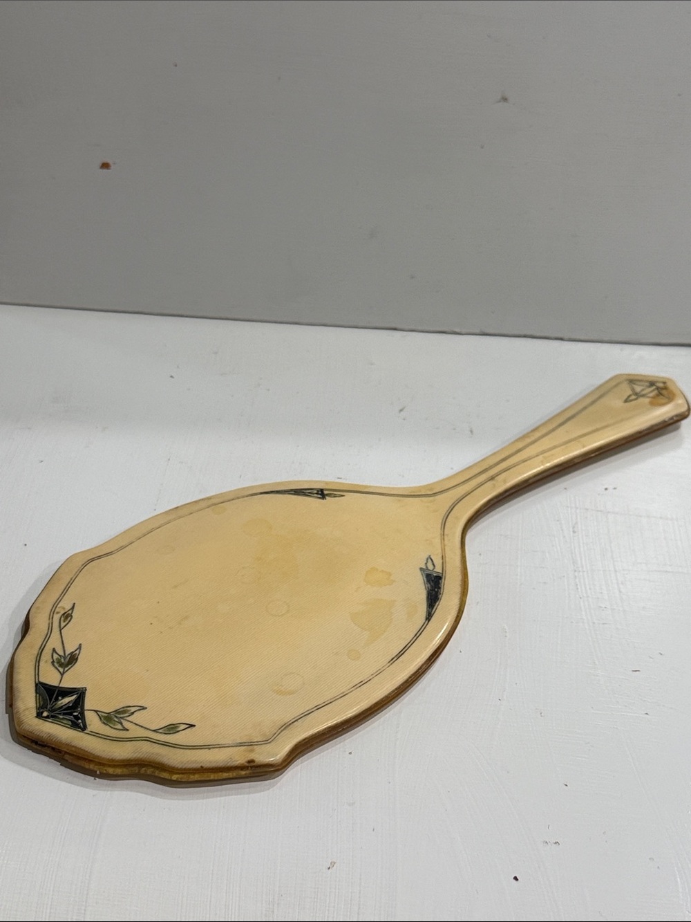 Vintage Antique Art Deco French Vanity Cream Hand Mirror with Black Accent 1920s